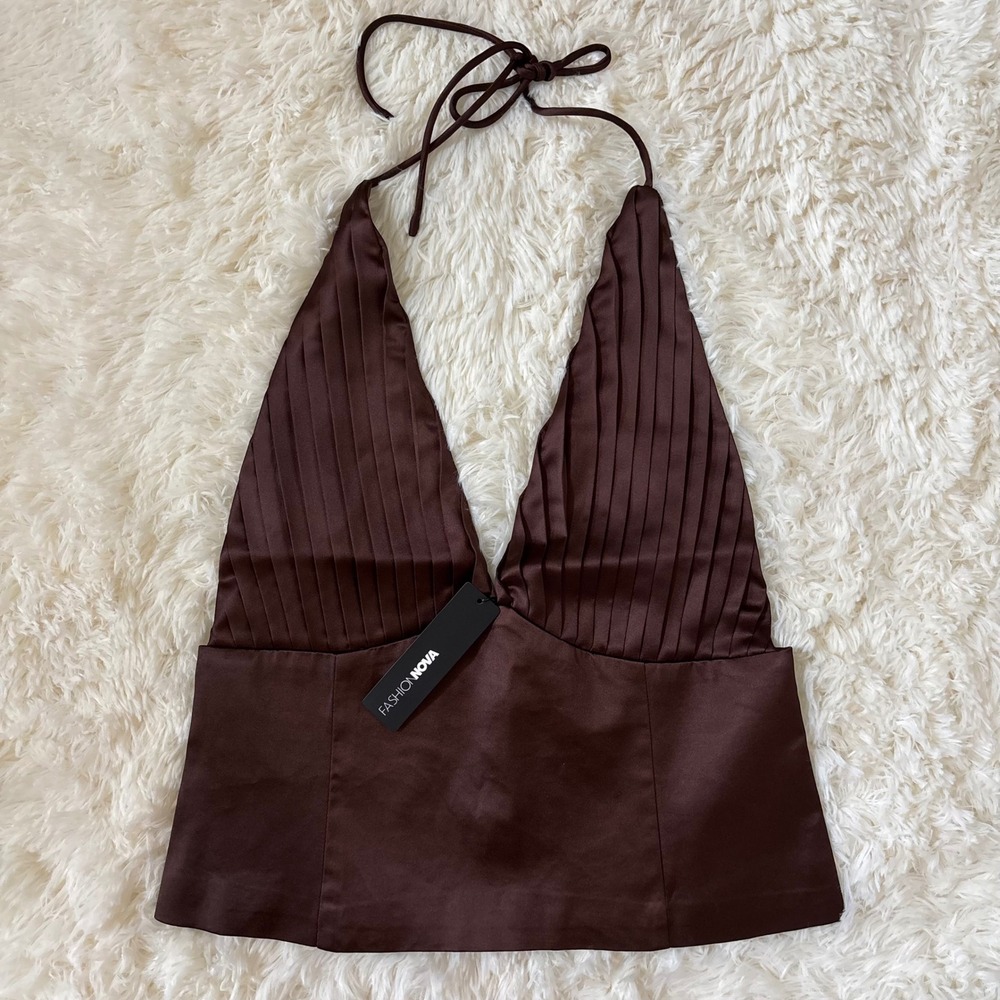 Fashion Nova Highly Addictive Pleated Satin Halter Top Chocolate Brown XL NWT